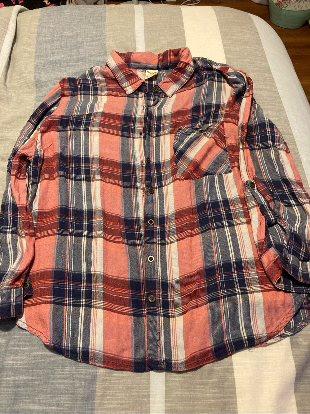 Faded Glory Coral, Navy and Cream Plaid Button-Down Shirt